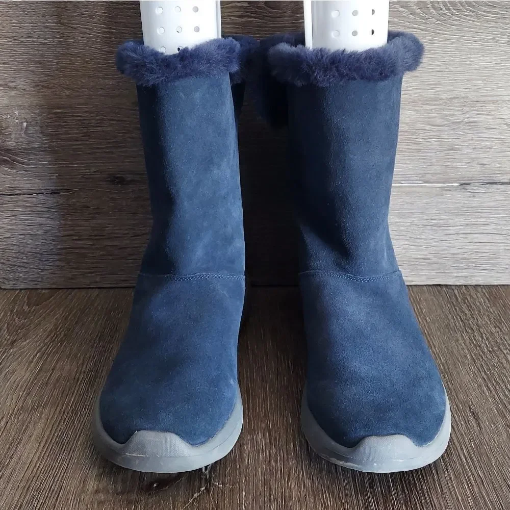 Skechers Goga Mat Comfort Navy Blue Suede Faux Fur Lined Winter Boots Size 10